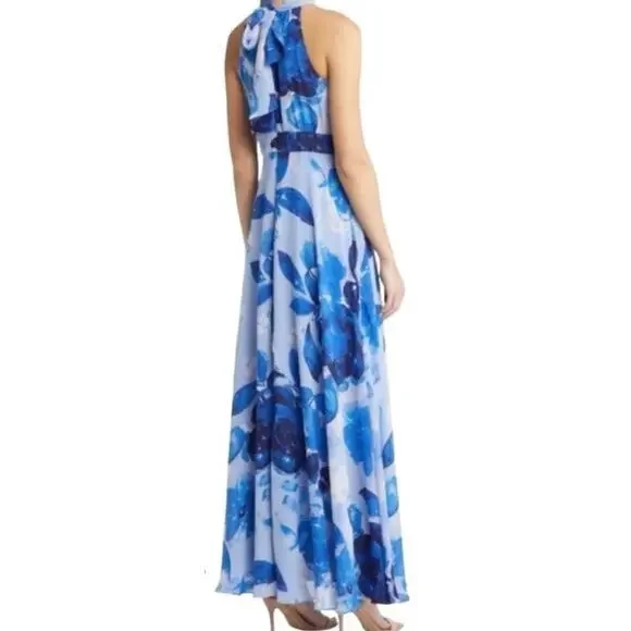 Eliza J Halter Neck Chiffon Maxi A Line Dress Gown Blue Floral Lined Size 10 NWT Eliza J Halter Neck Chiffon Maxi A Line Dress Gown Blue Floral Lined Size 10 NWT